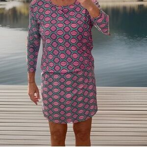 Cabana Life Purple Green Medallion Long Sleeve Drop Waist Jersey Dress Sz M